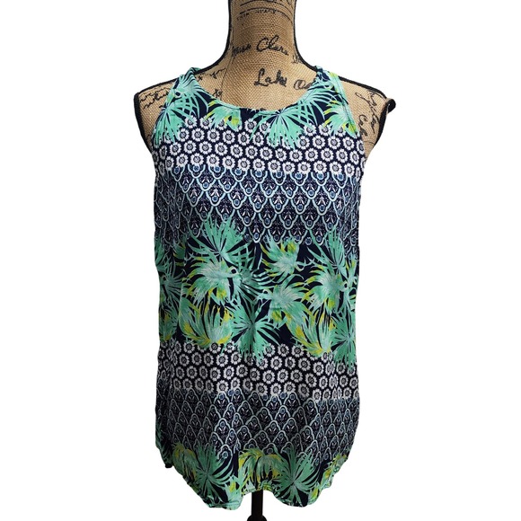 Old Navy Womens Large Tank Top Green Blue Sleeveless Tropical Casual Blouse - Picture 1 of 5